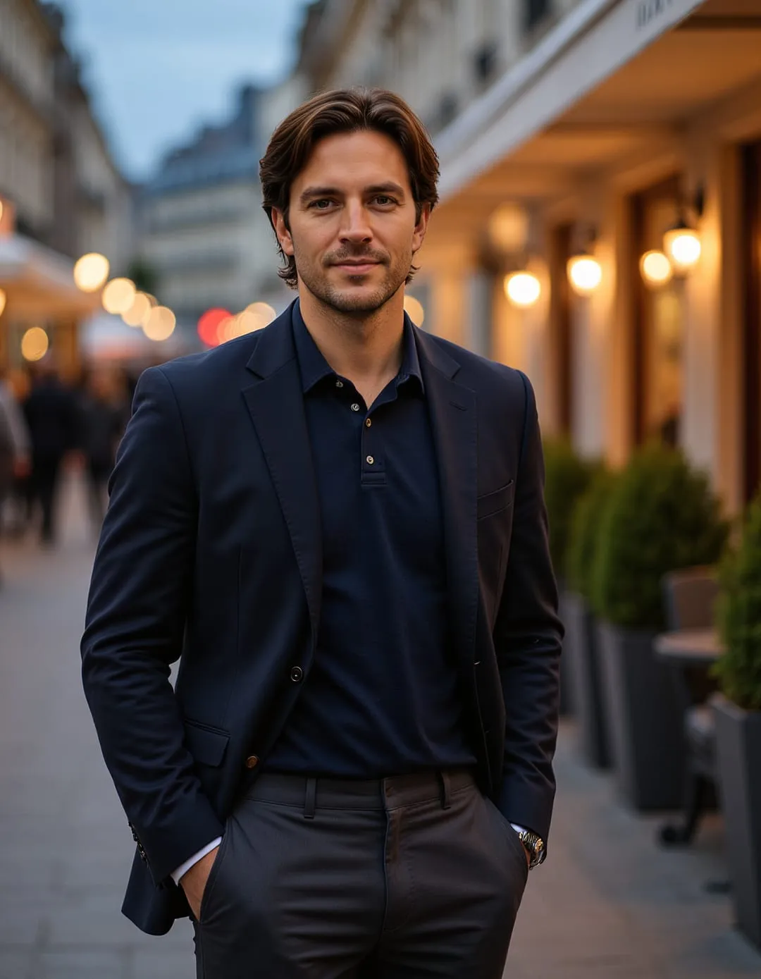 AI lifestyle portrait in a tailored neutral outfit in a warmly lit interior