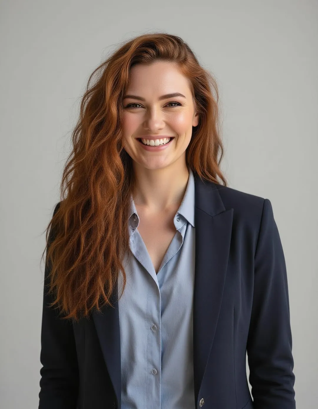 Approachable AI LinkedIn headshot in a navy blazer against a clean gray background