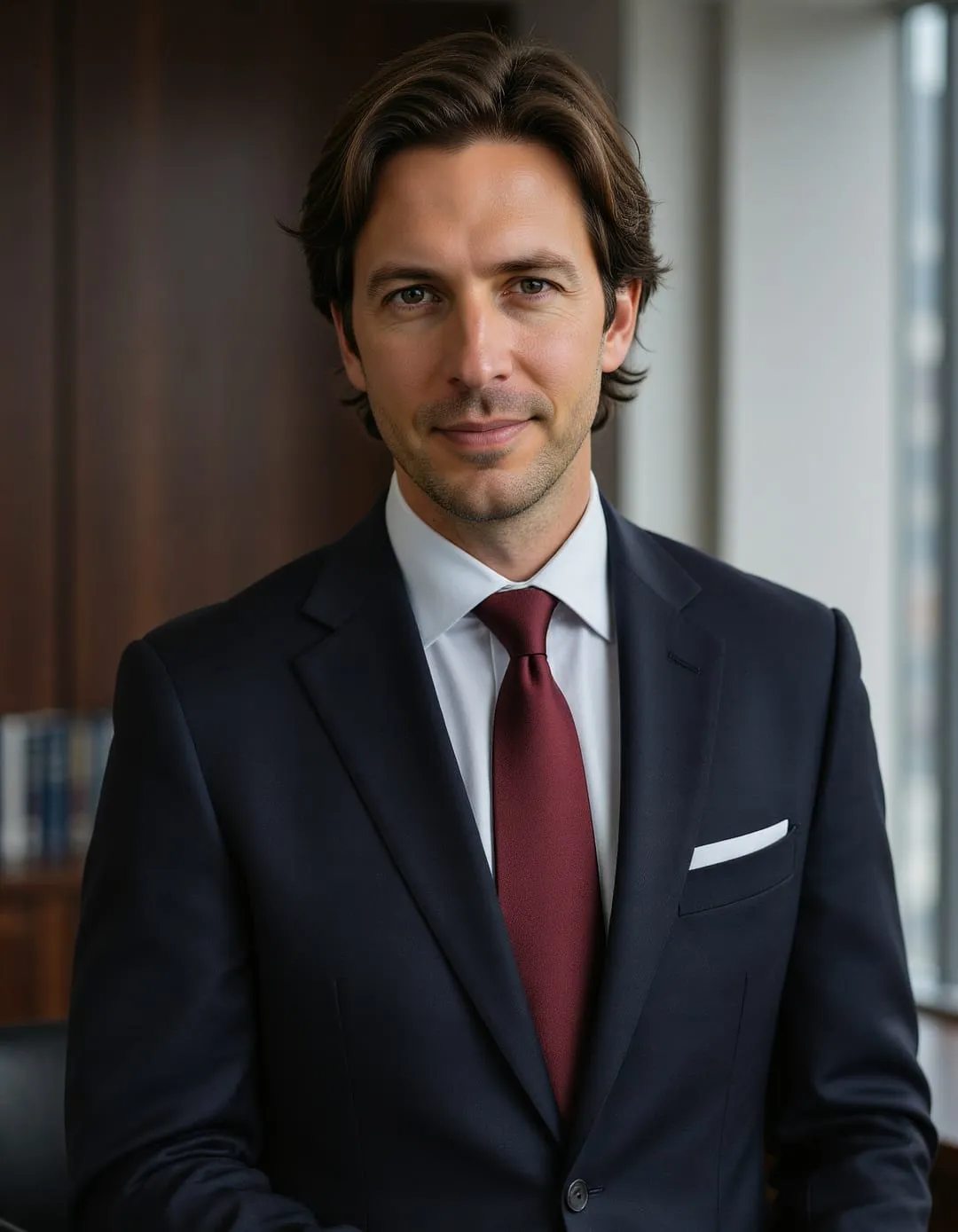 AI executive headshot in a tailored navy suit with a burgundy tie