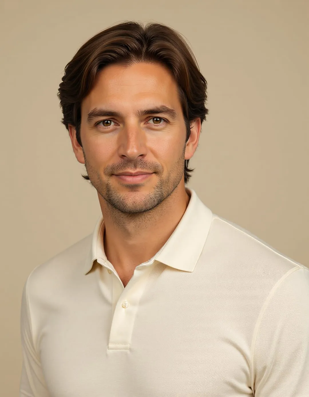 Approachable dating portrait in a casual cream polo beside a bright café window