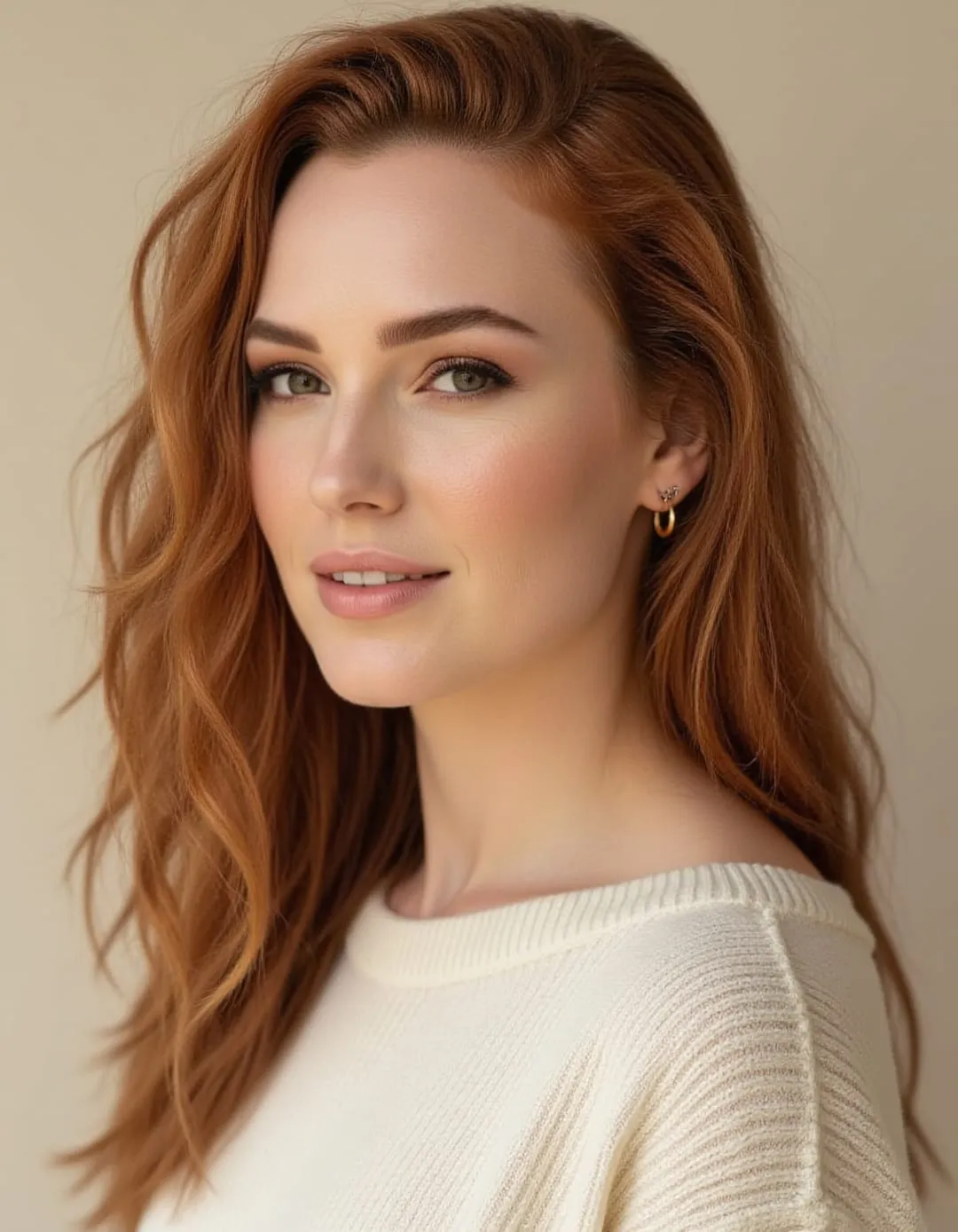 Confident dating profile picture in a soft neutral studio setting