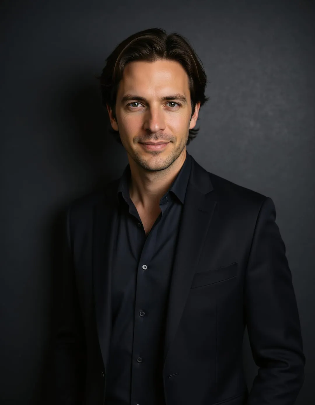Dark editorial leadership headshot in a black suit against a charcoal background