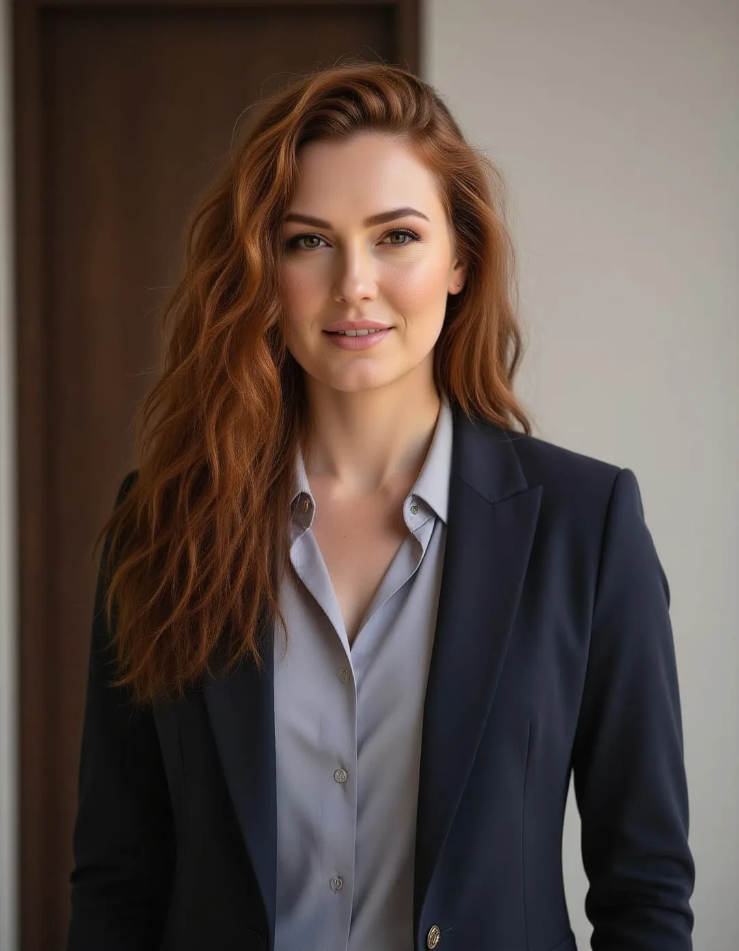 Polished executive portrait in a formal office with controlled natural light
