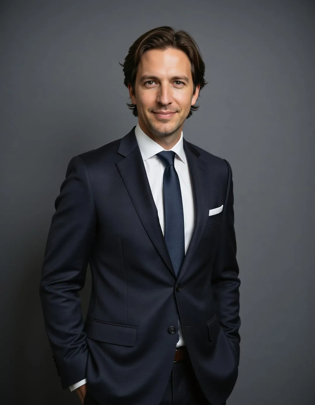Senior professional portrait with structured wardrobe and an architectural background