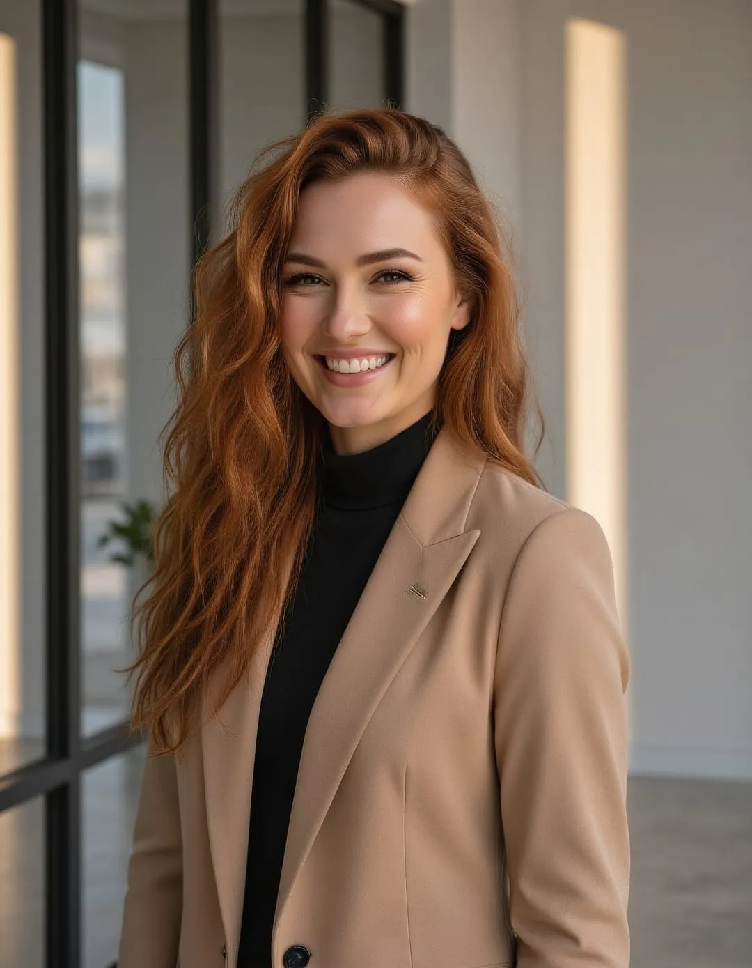 Editorial corporate headshot with a composed expression and dark neutral styling
